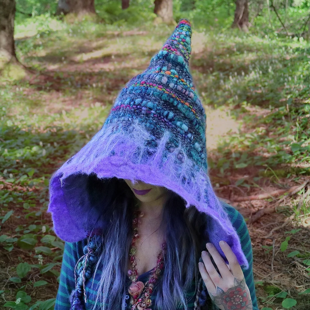 Blue hood hat with felt, fairy hat, hand woven - One size-Global Online Discount Store