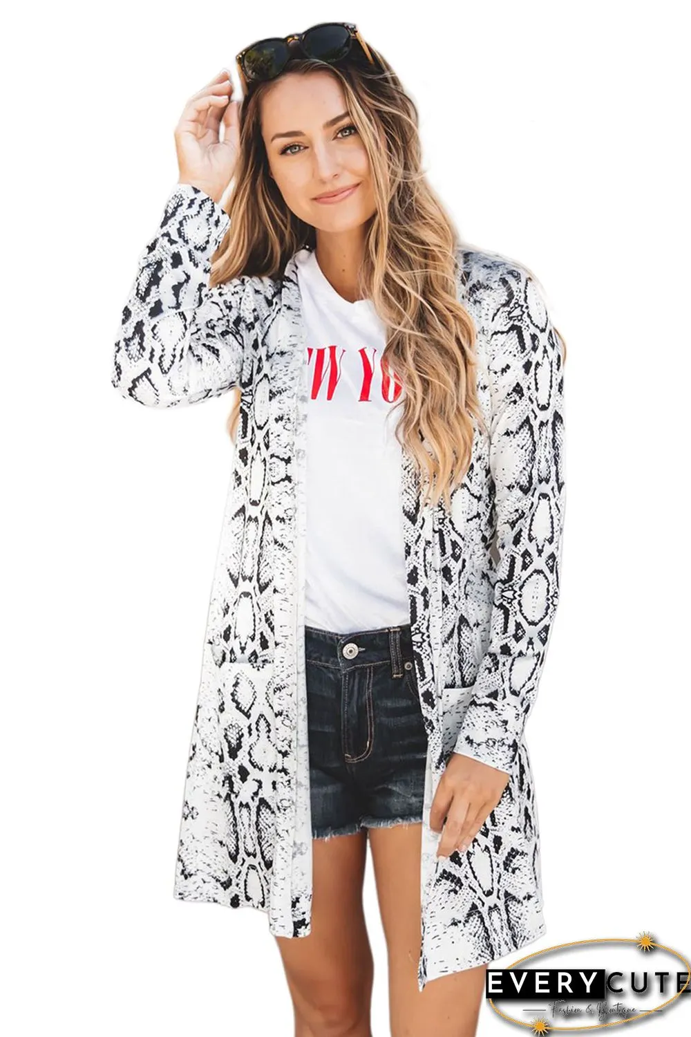 Snake Print Open Front Pocketed Cardigan