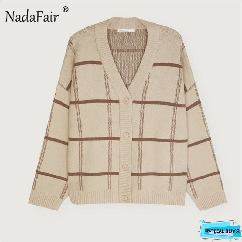 Christmas Gift Nadafair Plaid Cardigans Women V Neck Vintage Knitted Pullover Autumn Jumpers Winter Oversized Cardigan Ladies Sweaters Top Y2K