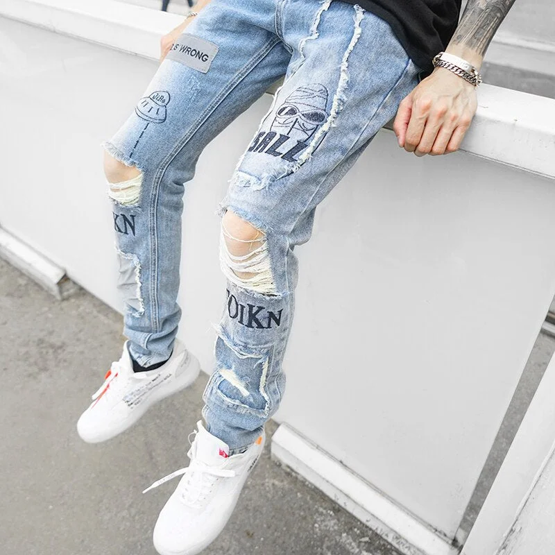 3XL Hole Skinny Jeans Men Streetwear Letter Print Patchwork Straight Pencil Pants Male Vaqueros Hombre Hip Hop Trousers