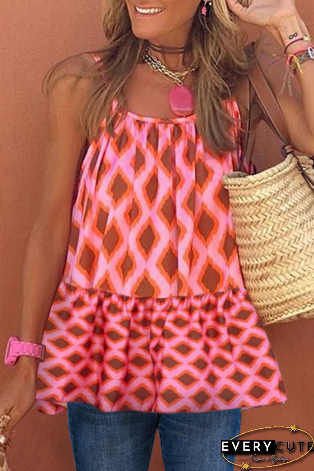 Geometric Print Spaghetti Strap Tank Top