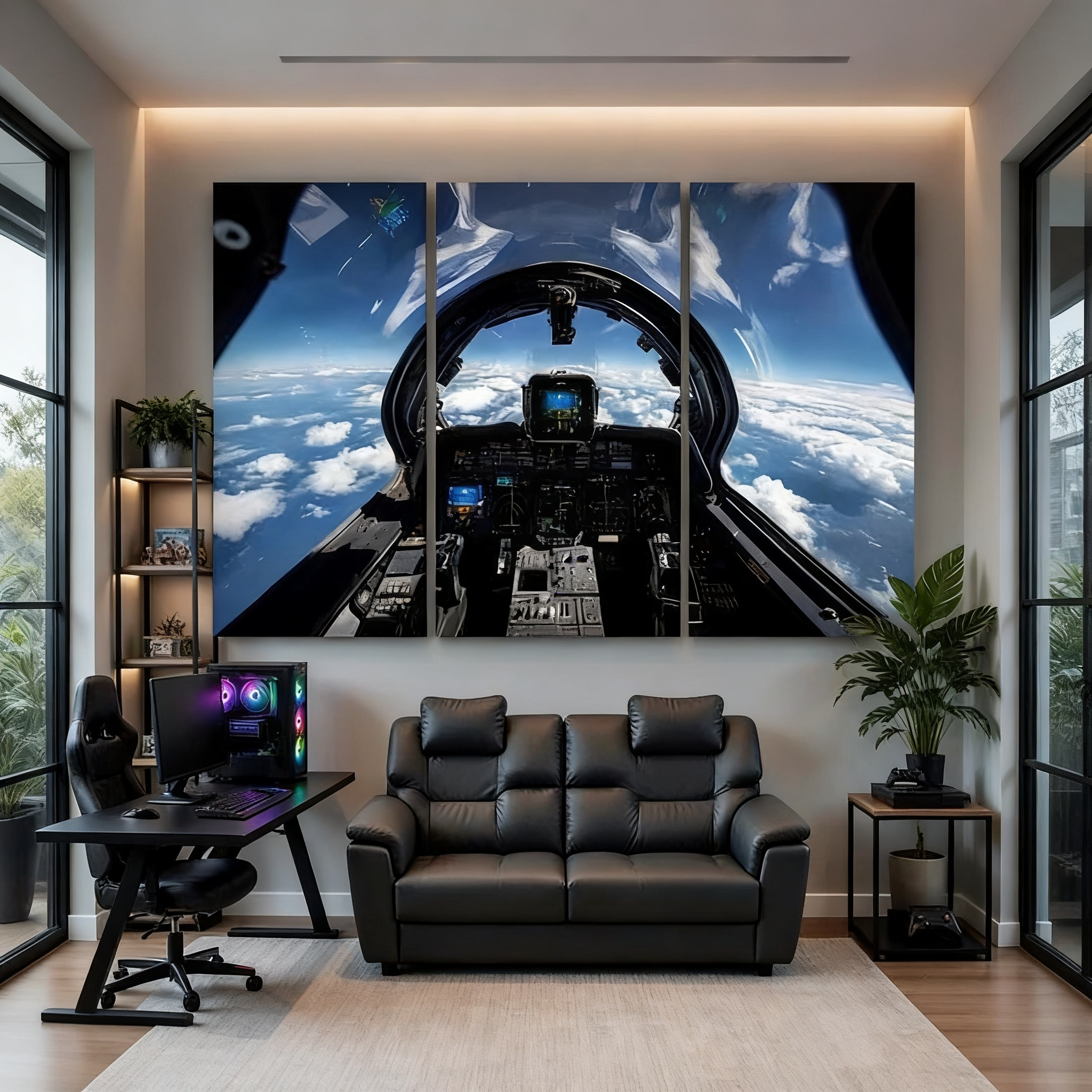 3-Piece Set Modern Fighter Jet Cockpit Above Cloudscape Canvas Wall Art
