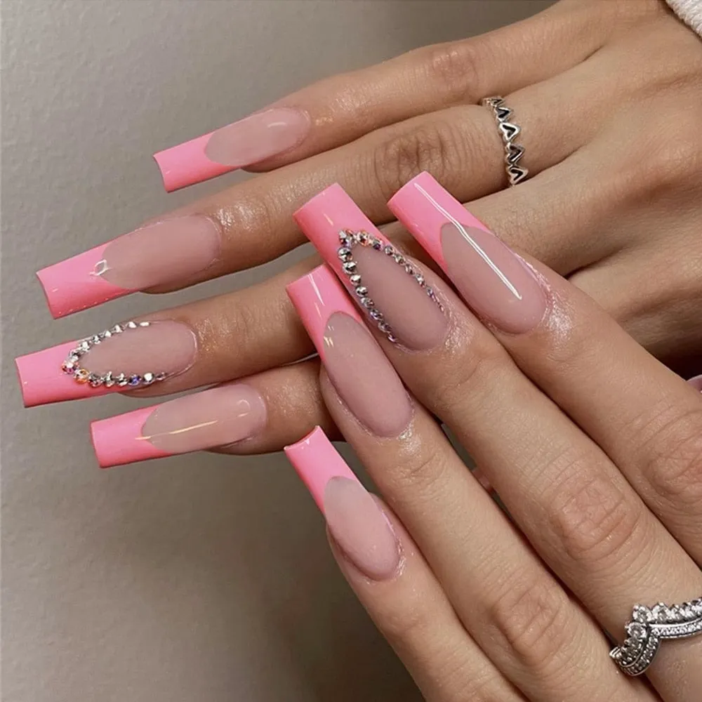 24pcs French False Nails Nude Bride Wedding Rhinestone Acrylic Ballerina Nail Decoration Art Full Tips Long Coffin Fake Nails-Nail Inspo