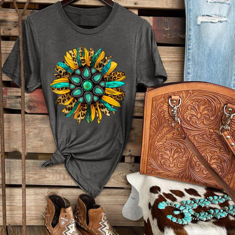 Turquoise Leopard Print Sunflower Short-Sleeved Casual T-shirt