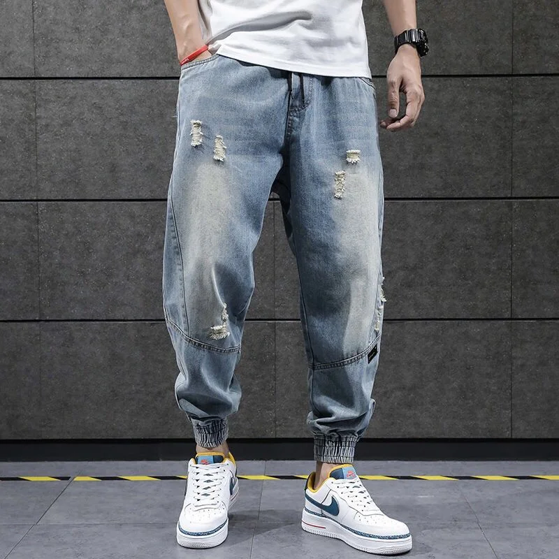 2022 New Hip Hop Harem Jeans Pants Men Loose Joggers Denim Casual Sweatpants Korea Ankle Length Trousers Streetwear