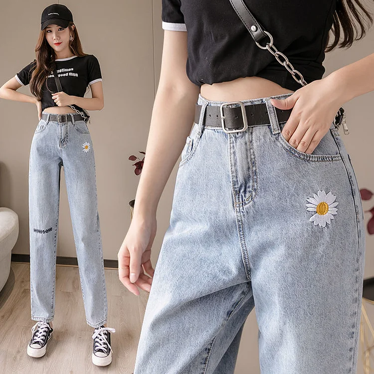 2021 Women's New Product Little Daisy Jeans Women's Loose Korean Student High-Waisted Thin Daddy Ripped Straight Pants