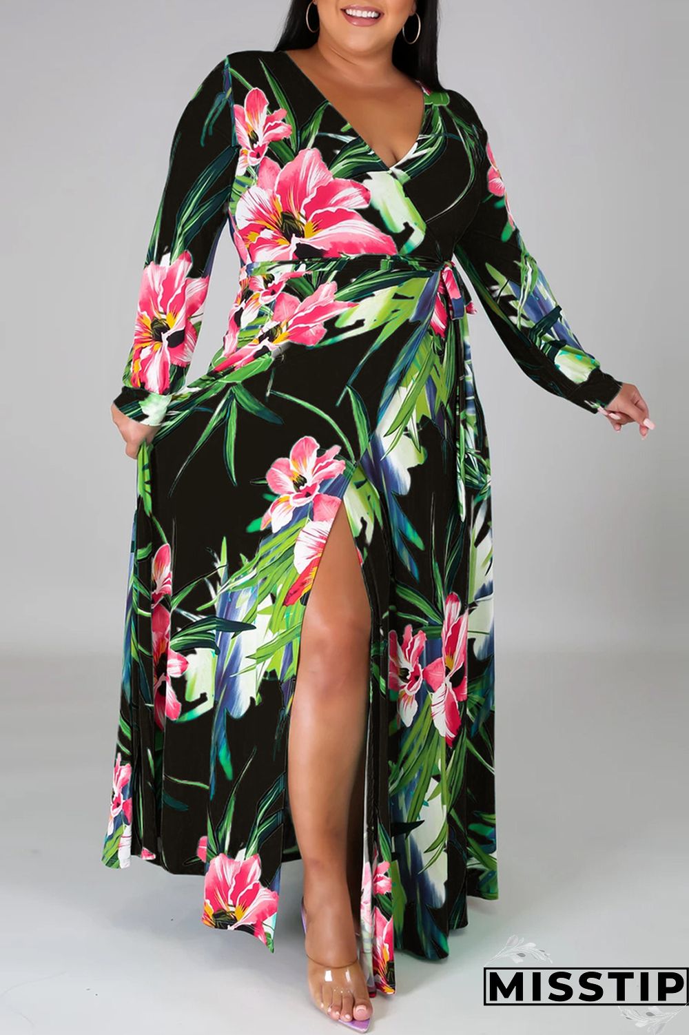 Black Fashion Casual Print Bandage Slit V Neck Long Sleeve Plus Size Dresses