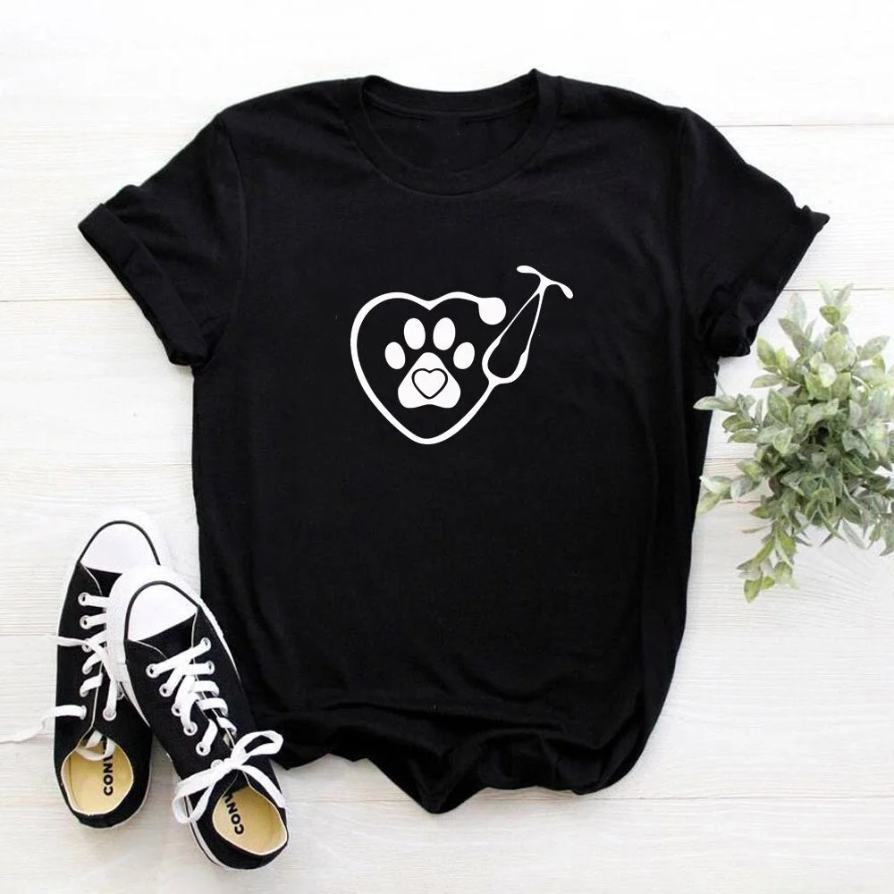 Harajuku Heart stethoscope veterinary print cotton Tshirt Womens T Shirt For Dog Lovers Women Clothing Summer Funny tops tees