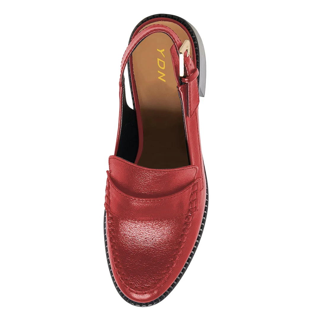 Red Vegan Leather Round Toe Buckle Slingback Strap Comfy Loafers 