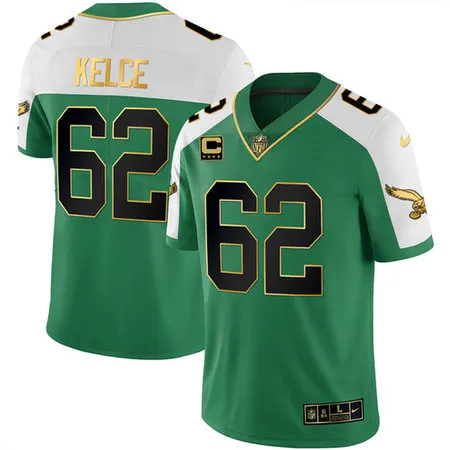Men's Philadelphia Eagles #62 Jason Kelce Kelly Green Alternate Gold With 4-Star C Patch Vapor Limited Jersey