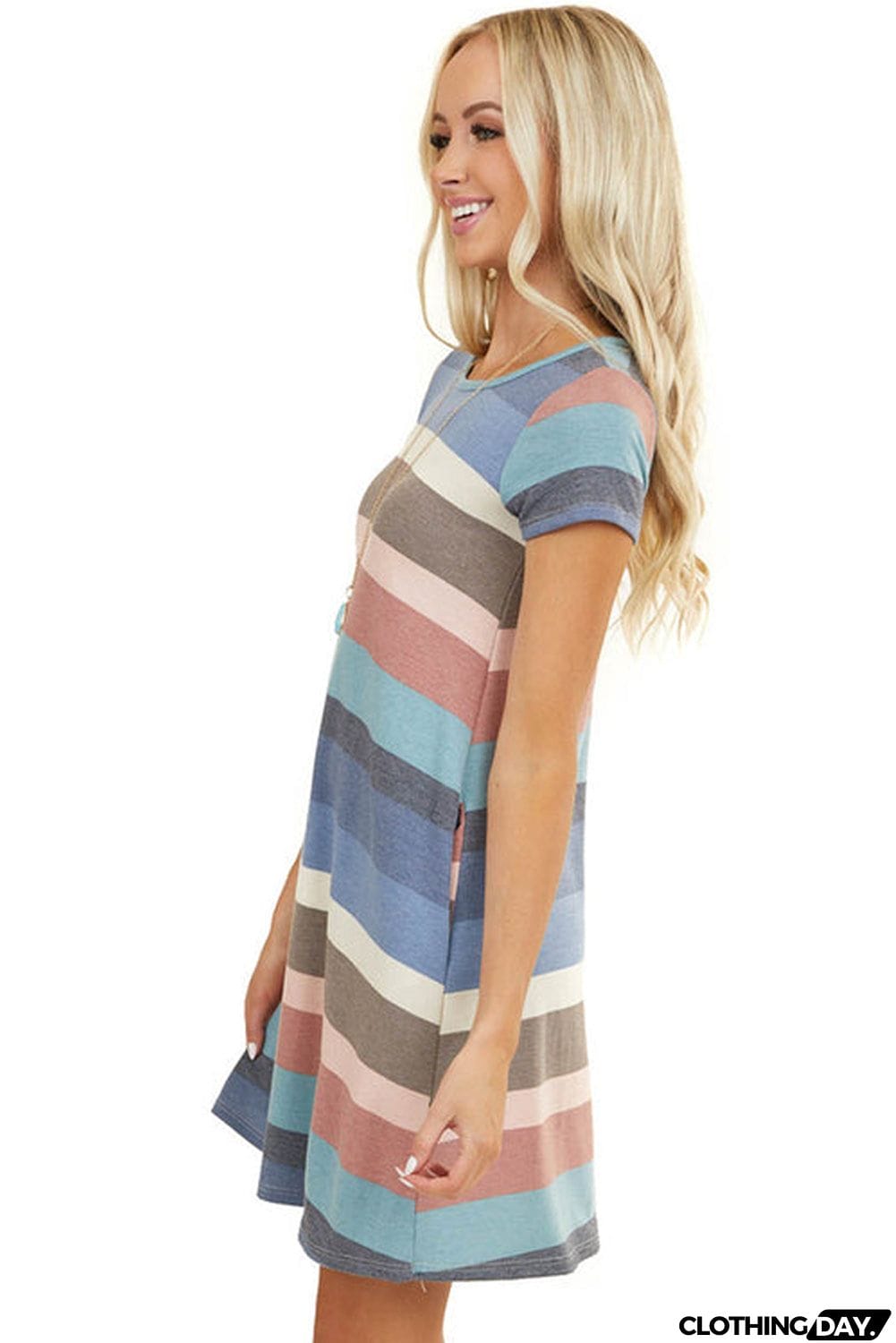 Multicolor Striped Pocket T Shirt Dress