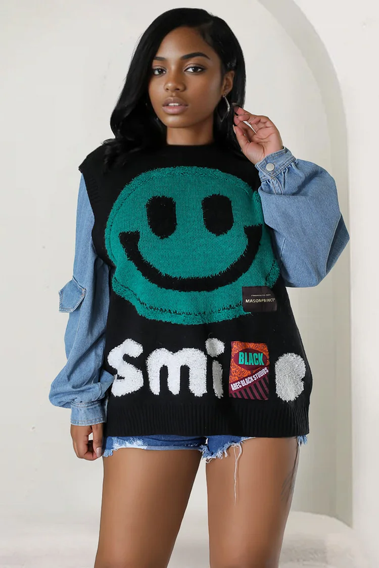 Knit Denim Patchwork Smiling Face Letter Pattern Pocket Long Sleeve Sweaters