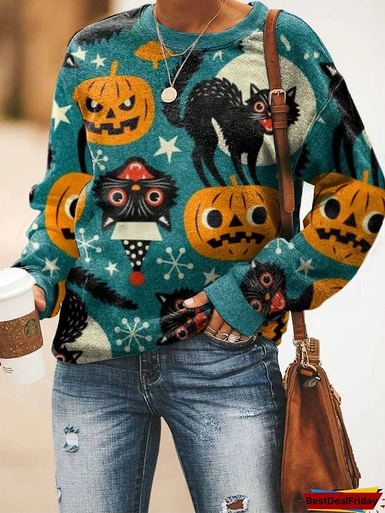 Halloween Black Cat Pumpkin Casual Crew Neck Sweatshirt