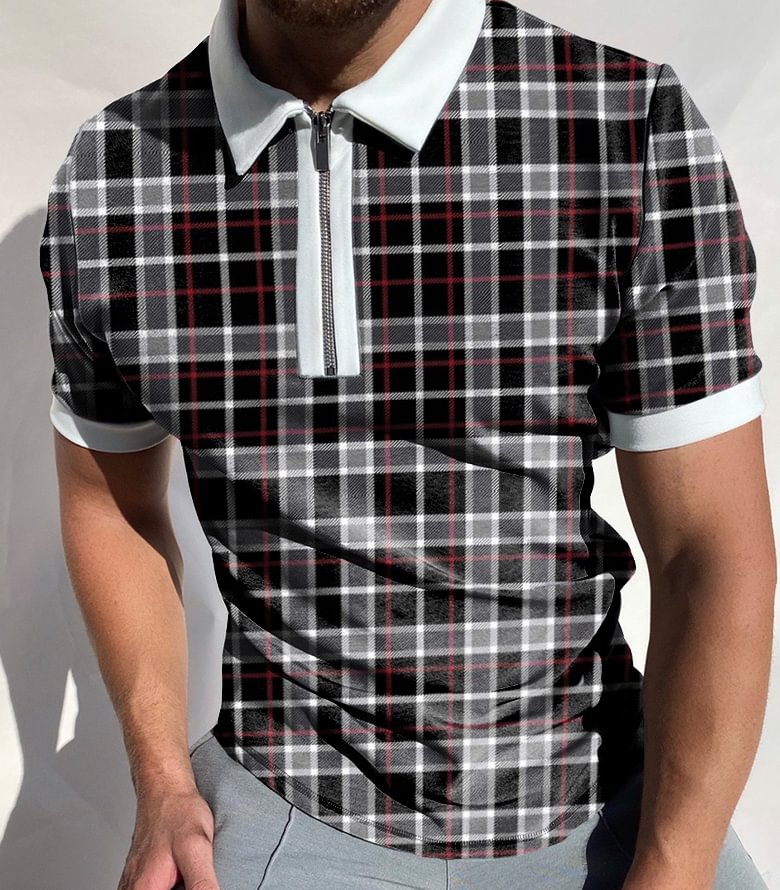 Checked Color Block Short-sleeved Polo Shirt-Compassnice®