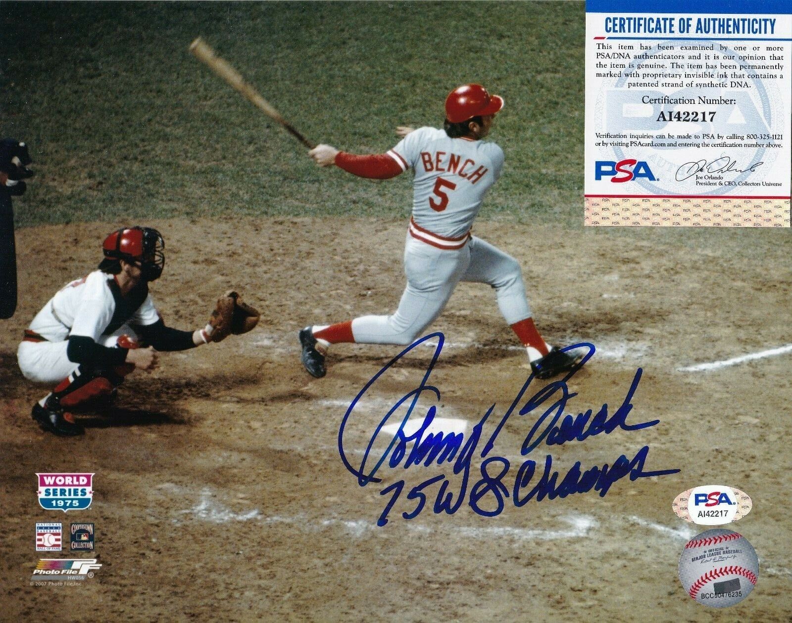 JOHNNY BENCH CINCINNATI REDS 1975 WS CHAMPS COLOR ACTION SIGNED 8x10