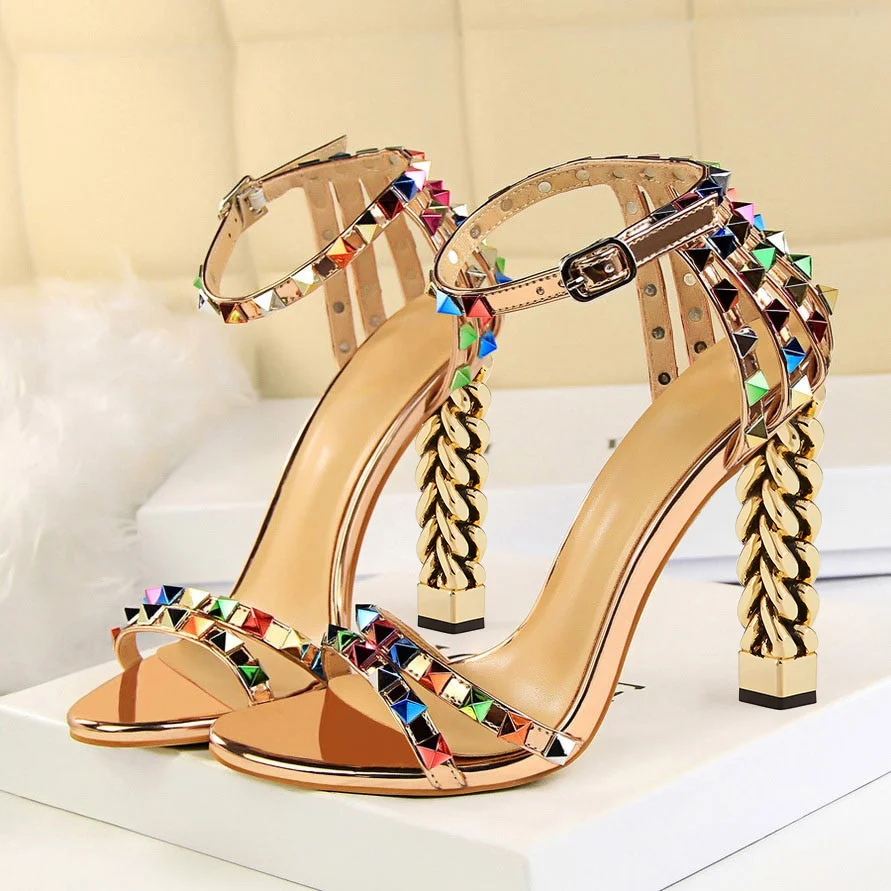 Rose Gold Metallic Opened Round Toe Colourful Rivet Strappy Sandals With Decorative Heels Nicepairs
