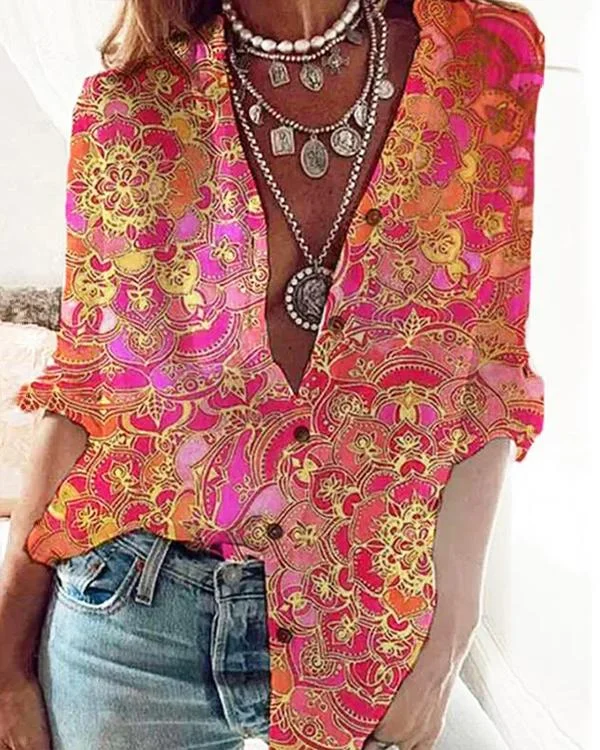 Women Vintage Floral Print Shirt Collar Long Sleeve Shirts