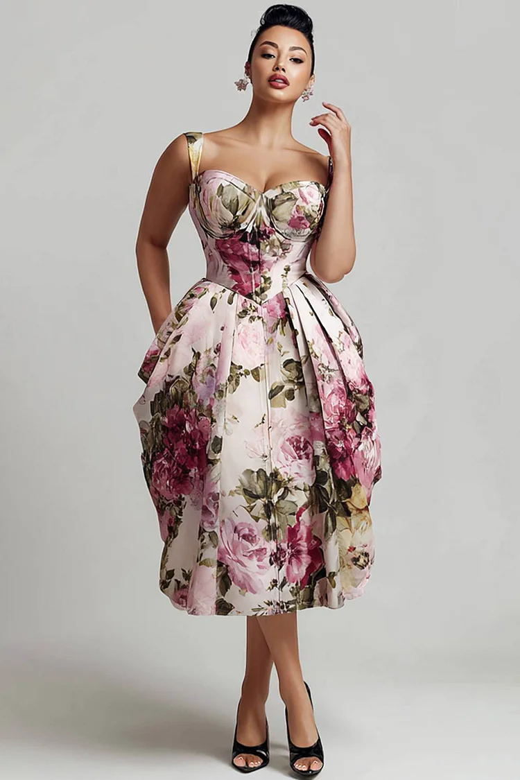Xpluswear Design Plus Size Cocktail Party Pink Floral V Neck Pleated Pocket Satin Midi Dresses [Pre-Order] 2024 - Xpluswear