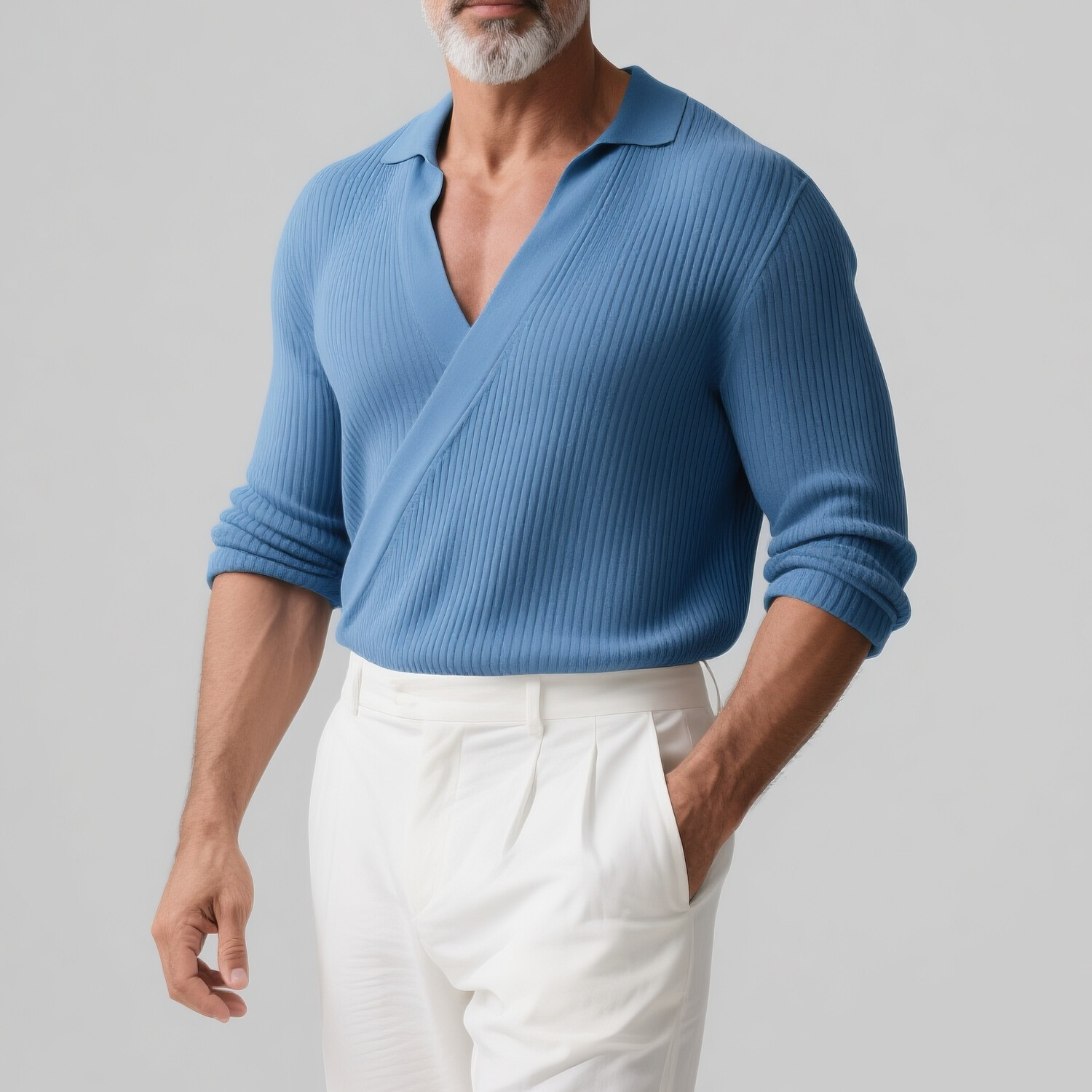 Men's Turndown Collar Wrap Long Sleeve Ribbed Knit Shirt