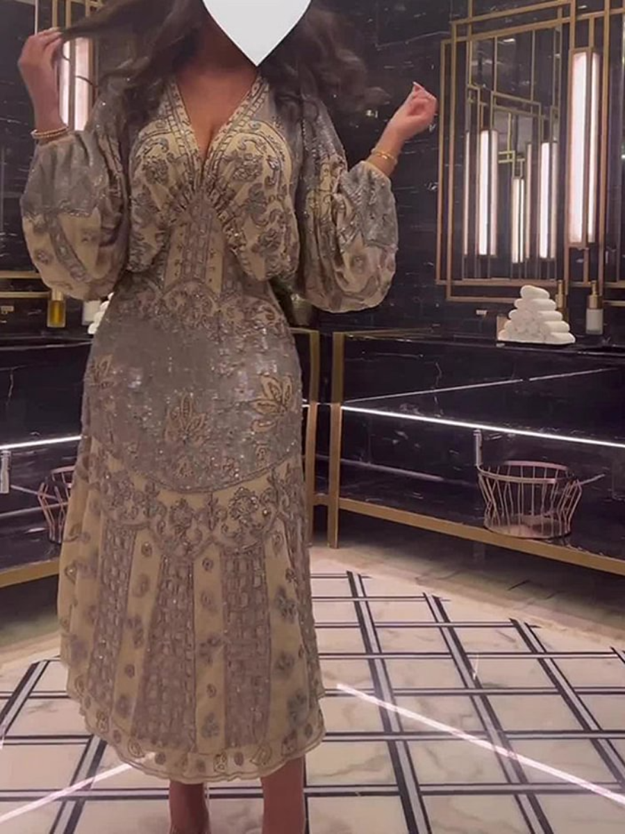 Ethnic Pattern V Neck Long Sleeve Elegant Dress | Oxredo Shop Ramadan Sale