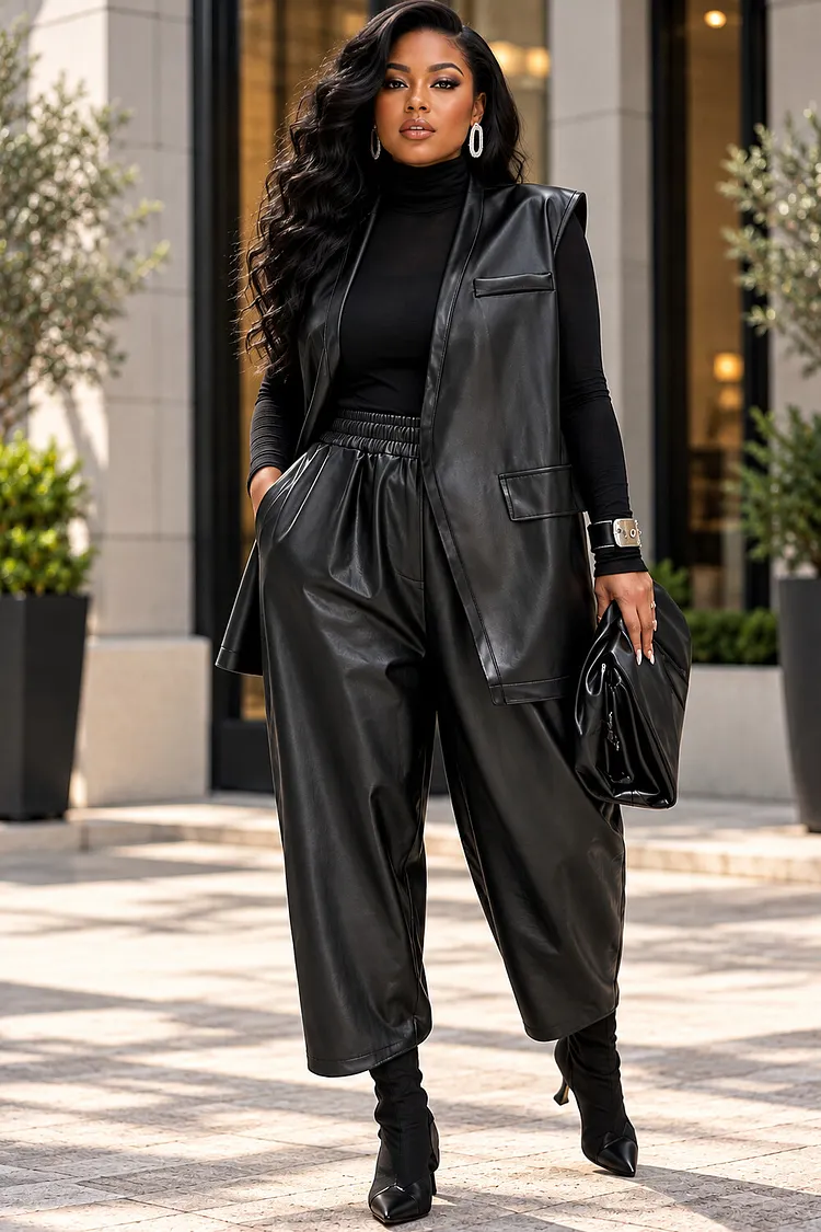 Xpluswear Design Plus Size Business Casual Black Pocket Pull-On Waist PU Leather Two Piece Pant Sets [Pre-Order] 2024 - Xpluswear