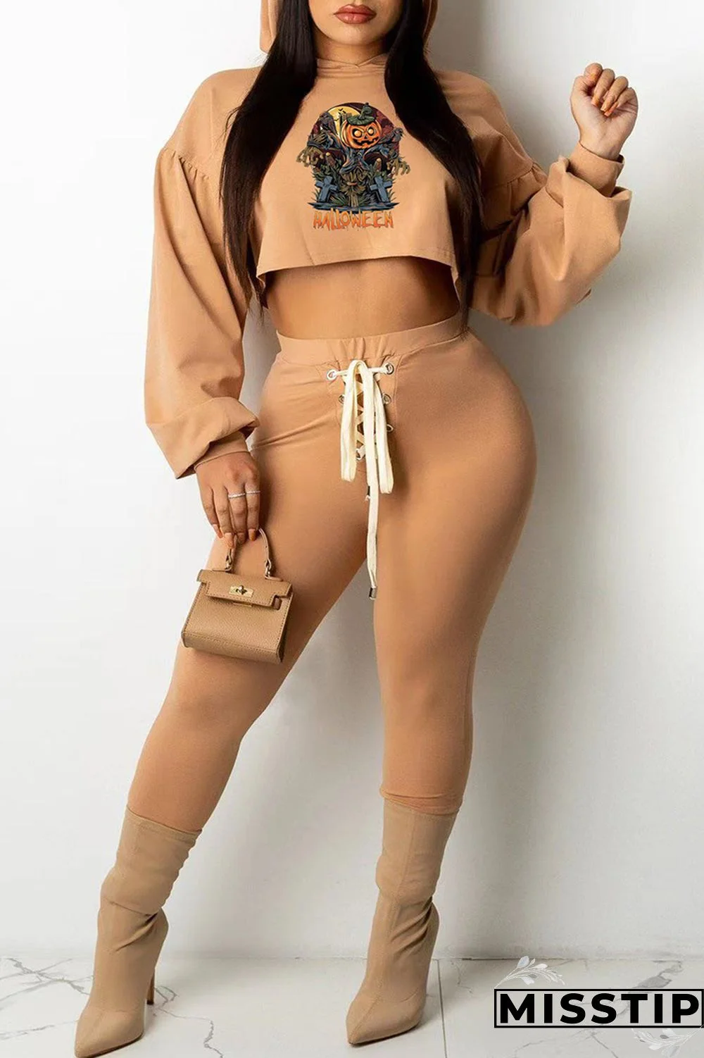 Black Fashion Casual Print Basic Hooded Collar Long Sleeve Two Pieces