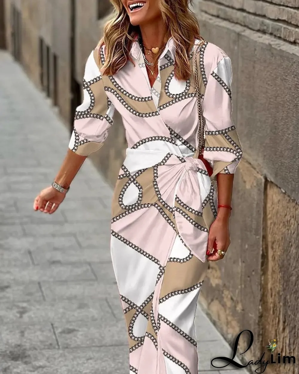Women Clothes Fashion Print Turndown Collar Midi Dress