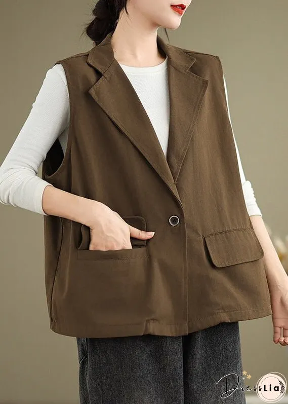 Plus Size Orange Notched Neck Pockets Cotton Vest Sleeveless