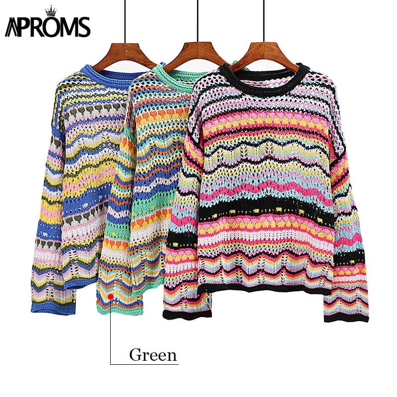 Aproms Elegant Rainbow Stripe Knit Sweater Autumn Women's Pullovers Casual Long Sleeve Hollow Out Jumper Streetwear Fashion Top