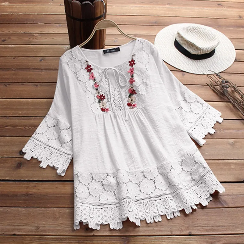 ZANZEA 2022 Summer Lace Crochet Blouse Women Patchwork Lace Up Shirts Chemise Hollow Blusas Tunic Tops Casual Tee