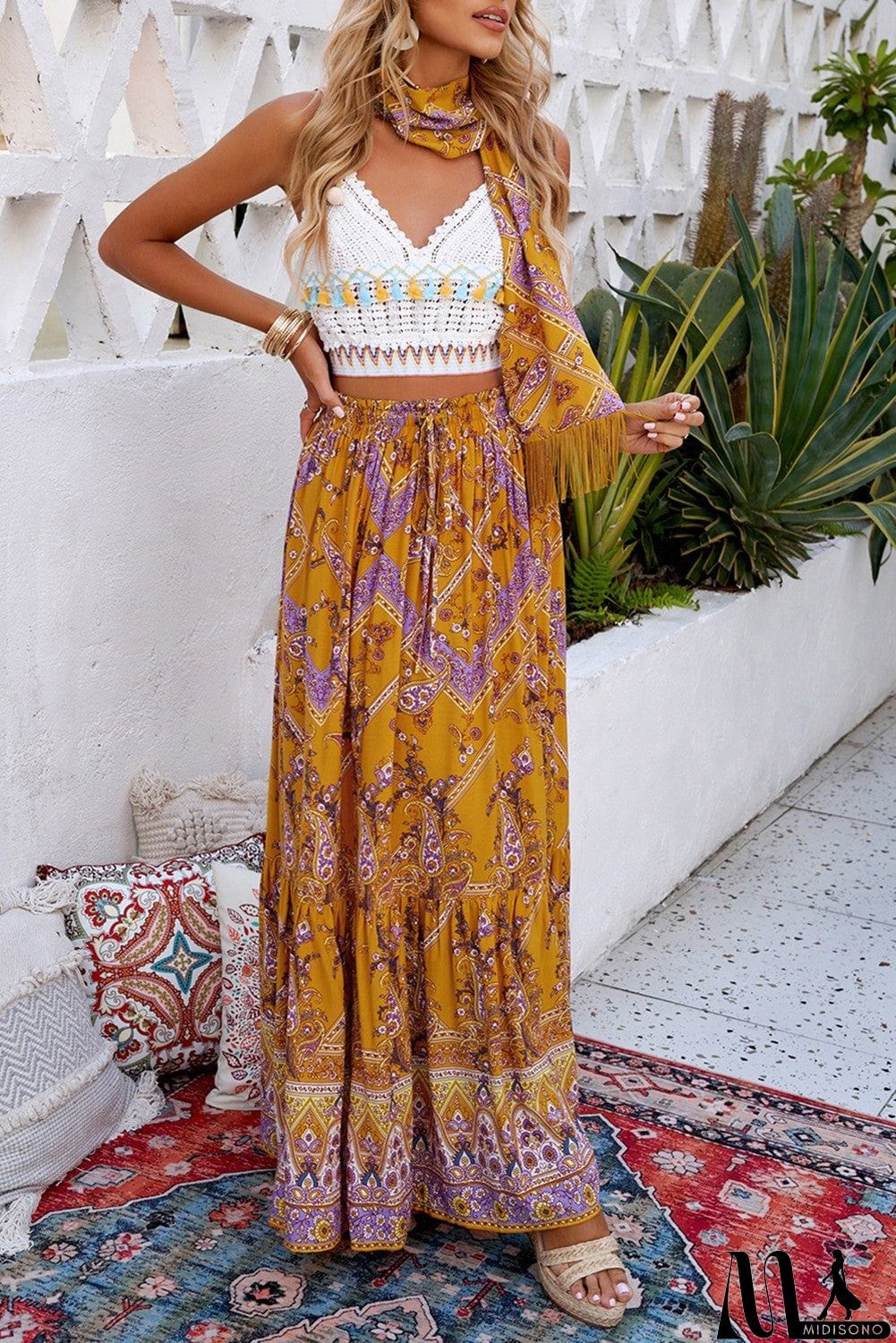 MidiSono - Orange Boho Floral Maxi Skirt
