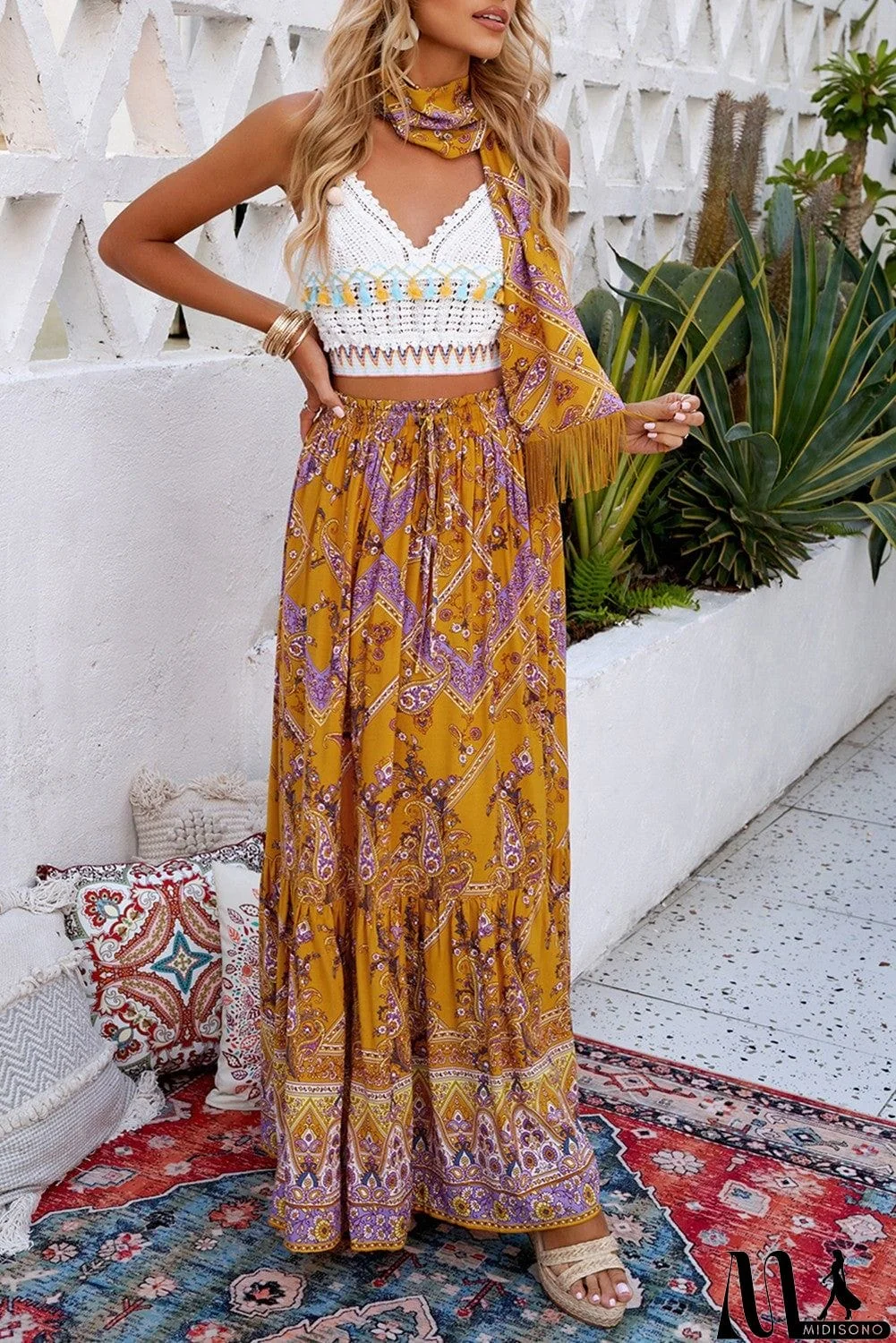 MidiSono - Orange Boho Floral Maxi Skirt