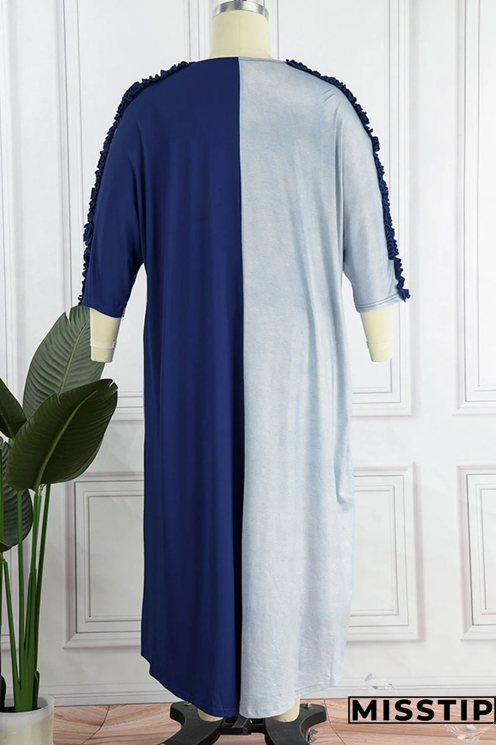 Black Gray Casual Solid Patchwork Stringy Selvedge O Neck Straight Plus Size Dresses