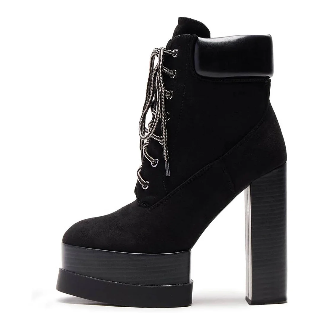 Black Vegan Suede Round Toe Platform Lace-Up Booties for Women