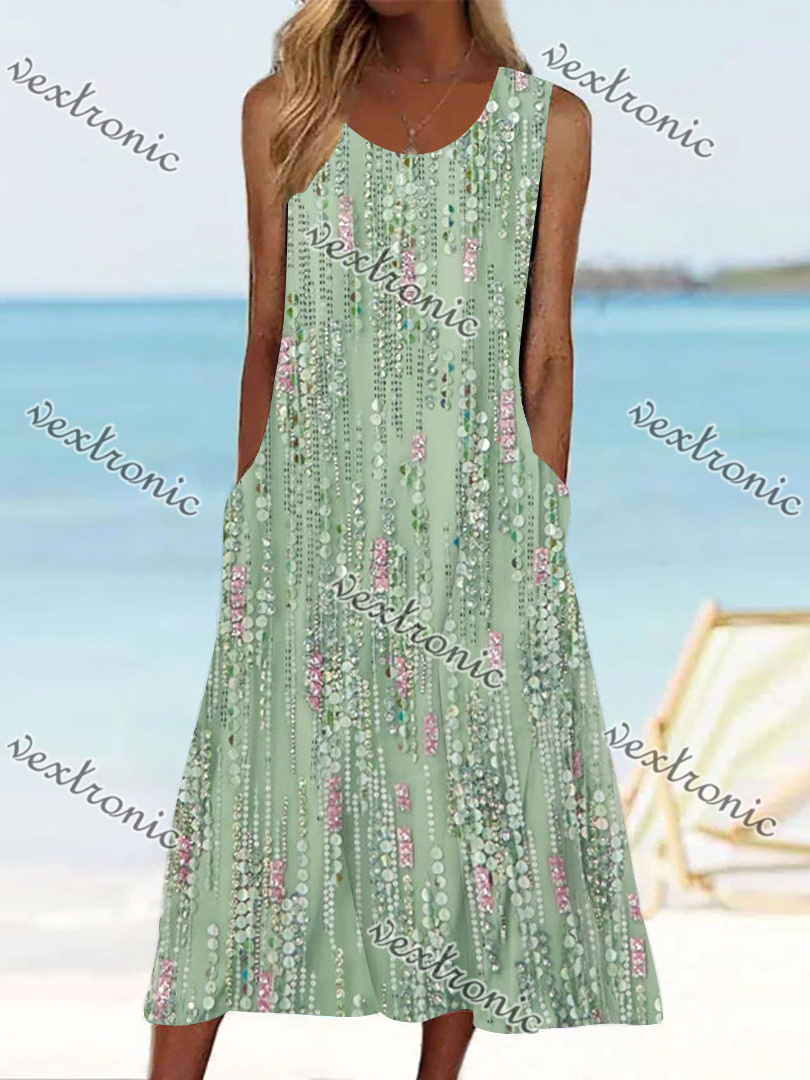 Women's Green Sleeveless V-neck Graphic Floral Printed Midi Dress