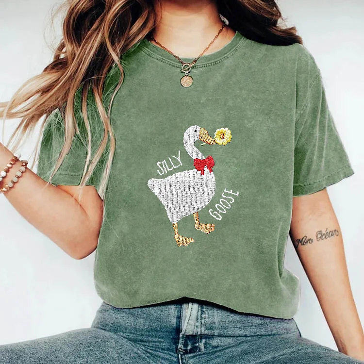 Eagerlys Silly Goose Embroidered Sunflower T-shirt Eagerlys