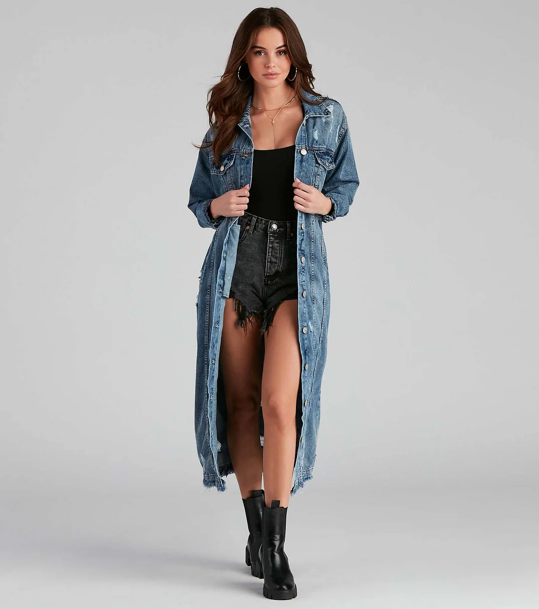 Women's Long Denim Jacket Coat Long Sleeve Denim Windbreaker Coat Cardigan Denim Cloak