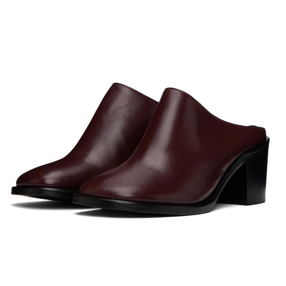 Dark Brown Vegan Leather Almond Toe Slip-On Mules with Block Heel