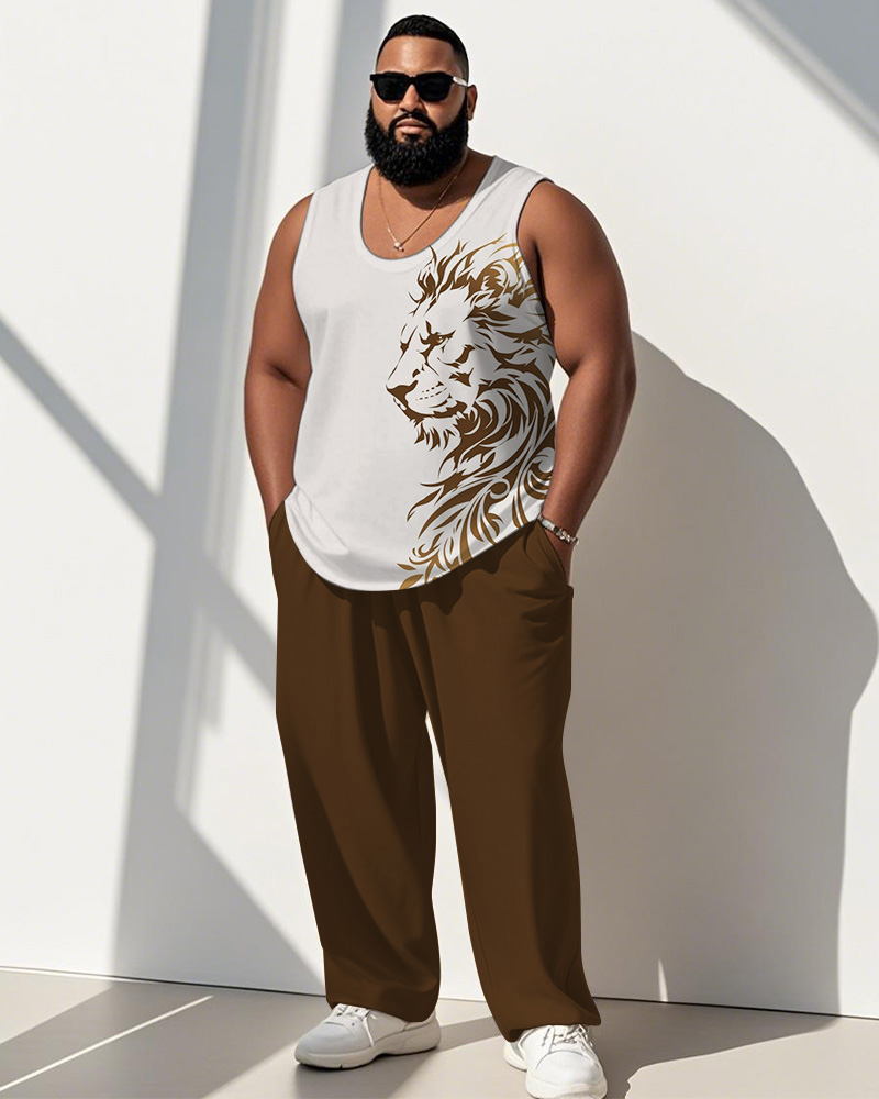 Men Plus Size Street Fashion Brown Lion Print Tank Top Trousers Suit