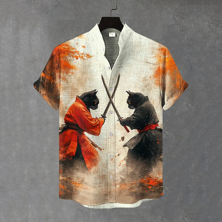 Men's Black Cat Warriors Duel Art Casual Short Sleeve Shirts