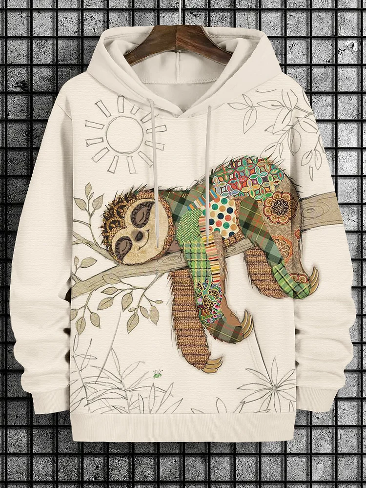Men's Patchwork Pattern Sloth Sleeping Art Print Casual Hoodie