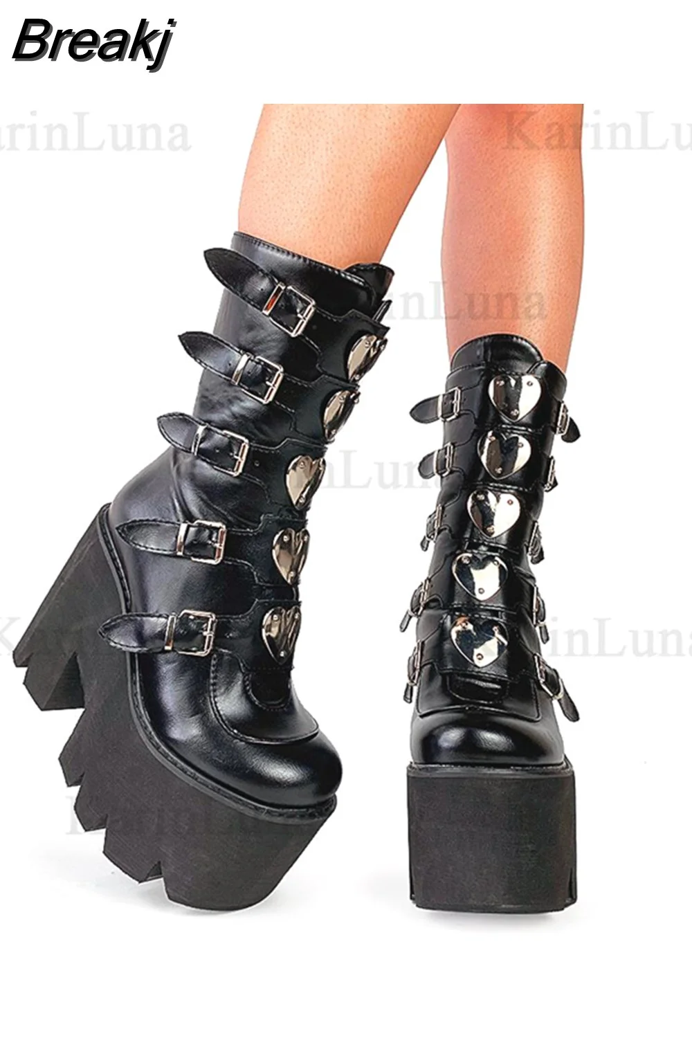 Breakj Design Gothic Boots INS Hot Great Quality Fashion Cool Motorcycle Boots Big Size 43 Wedges Heart Platform Mid-Calf Boots