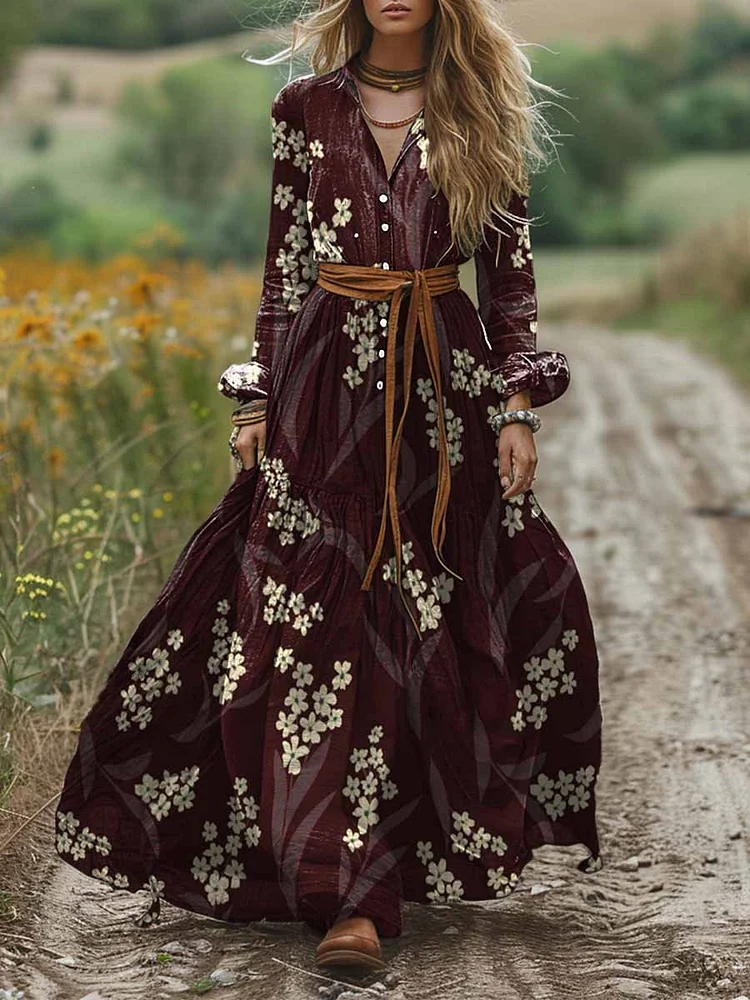 Women's Shirt Collar Floral Print Long Sleeve Pocket Cotton A-Line Dress