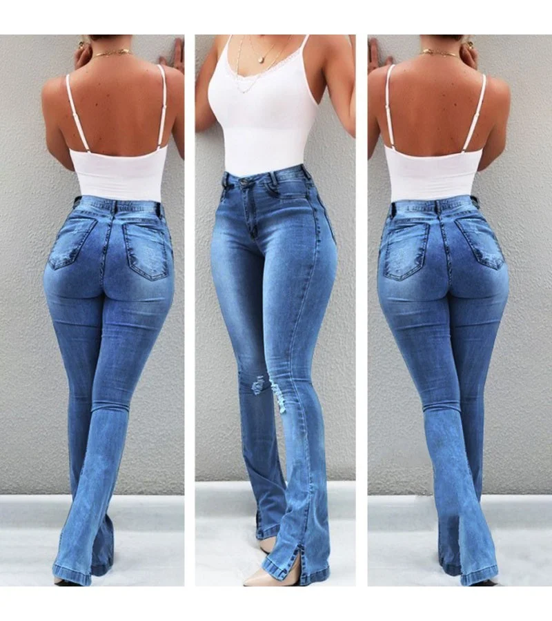 Hem Slit Design Women Ripped Jeans S-3XL