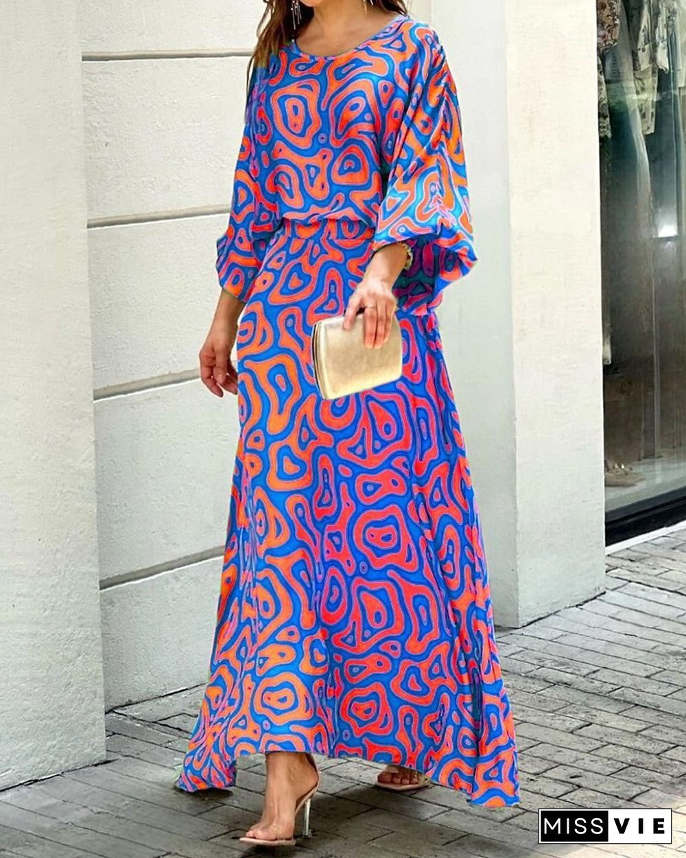 Summer New Loose Printed Maxi Dress Long-sleeved Top High-waisted Half-length Dress Suit Vestidos De Mujer