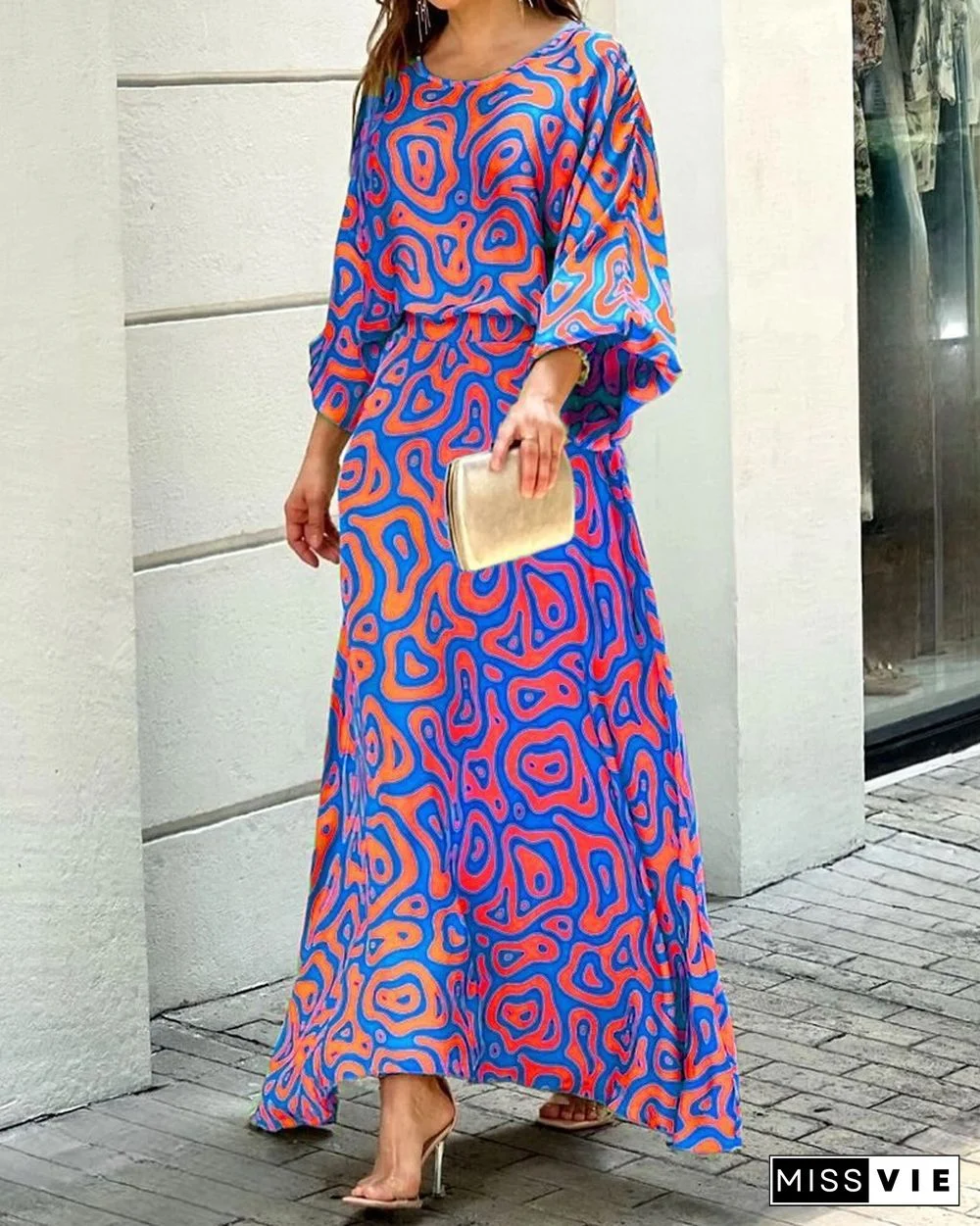 Summer New Loose Printed Maxi Dress Long-sleeved Top High-waisted Half-length Dress Suit Vestidos De Mujer