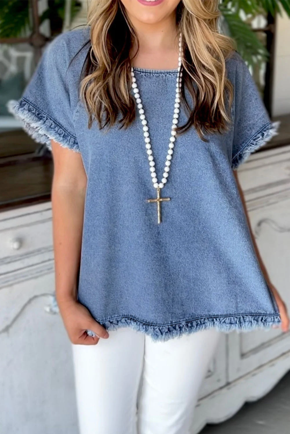 Sky Blue Raw Edge Denim Top | IFYHOME