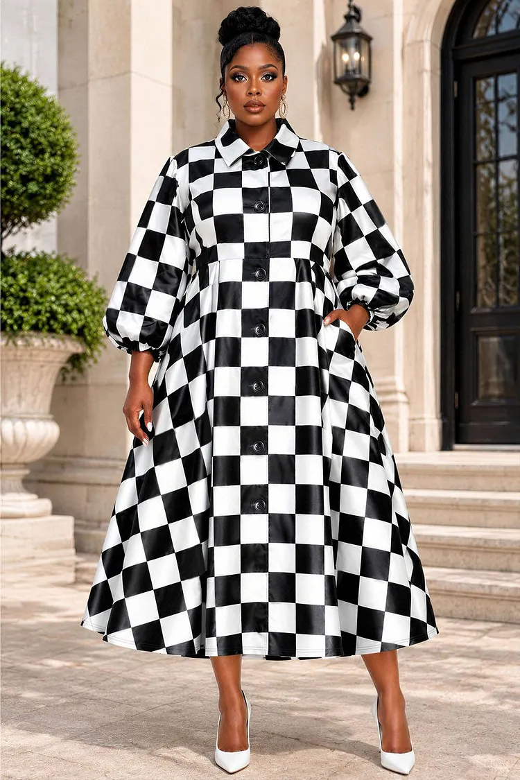 Xpluswear Design Plus Size Business Casual White Argyle Shirt Collar Lantern Sleeve Long Sleeve Pocket Midi Dresses [Pre-Order] 2024 - Xpluswear