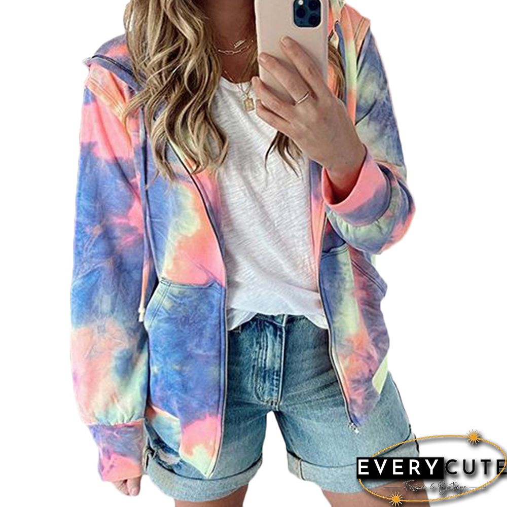 Purple Zip Up Kangaroo Pocket Tie Dye Hoodie