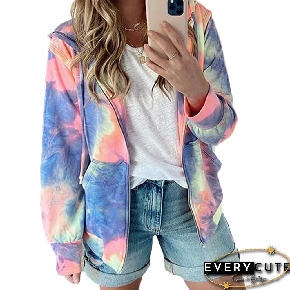 Purple Zip Up Kangaroo Pocket Tie Dye Hoodie